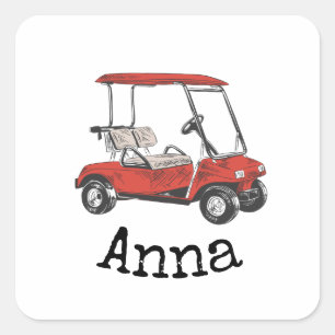 Golf cart is red with name square sticker