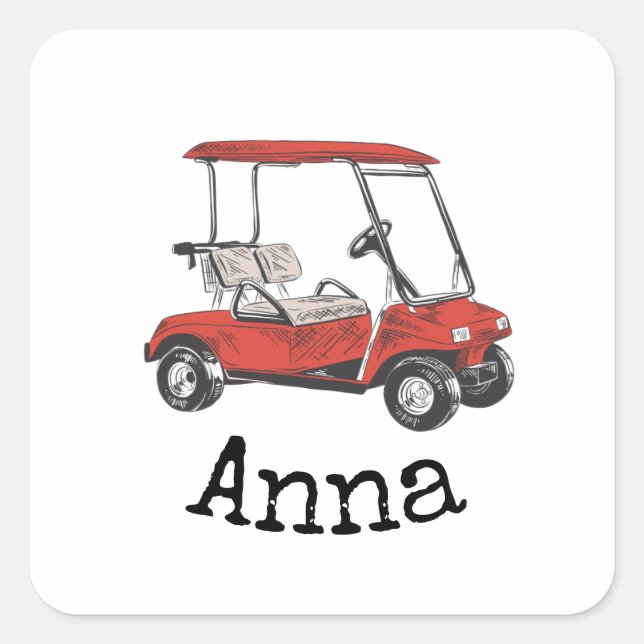 Golf cart is red with name  square sticker (Front)
