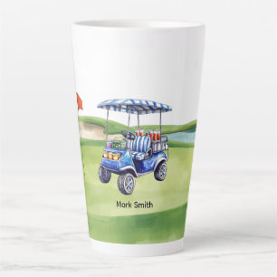 Golf cart on golf course putting green latte mug