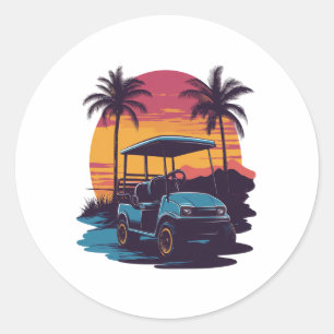 Golf Cart Palm Trees Sunset Vintage Set Classic Round Sticker