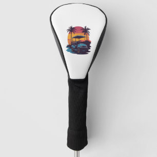 Golf Cart Palm Trees Sunset Vintage Set Golf Head Cover