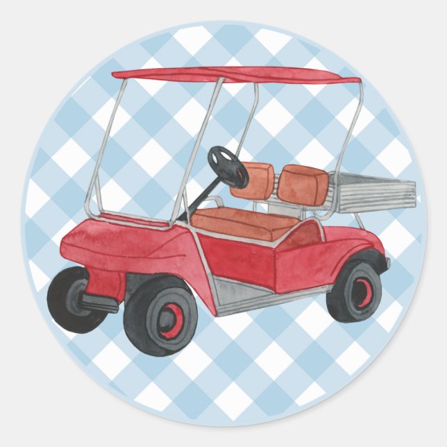 Golf Cart Plaid Blue White Preppy Country Club Classic Round Sticker (Front)