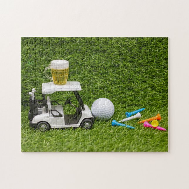 Golf cart with beer and golf tee on green  jigsaw puzzle (Horizontal)