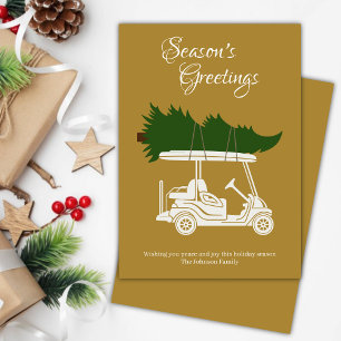 Golf Cart with Christmas Tree • Gold Minimalist Holiday Card