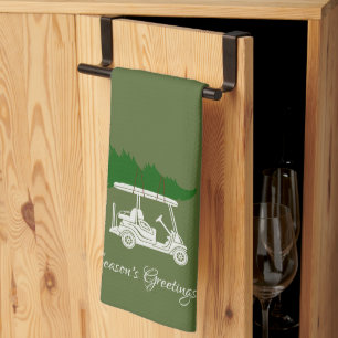 Golf Cart with Christmas Tree   Olive Green Kitchen Towel