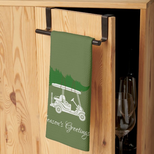 Golf Cart with Christmas Tree | Olive Green Kitchen Towel (Thirds Fold)