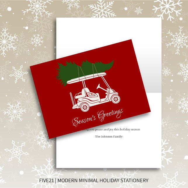 Golf Cart with Christmas Tree • Red Minimalist Holiday Card (Creator Uploaded)
