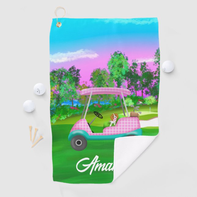Golf Cart With Cute Cavalier King Charles And Name Golf Towel (InSitu)