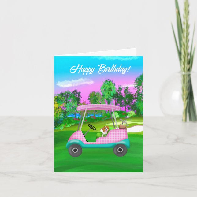 Golf Cart With Cute Cavalier King Charles Spaniel Card (Front)