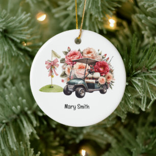 Golf Cart with Golf Flag Ceramic Ornament