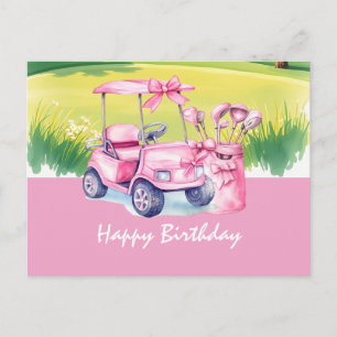 Golf  Cart with Happy Birthday  Woman Golfer Postcard