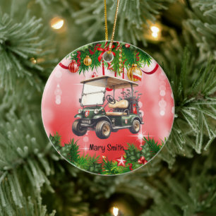 Golf Cart with red ribbon  Ceramic Ornament