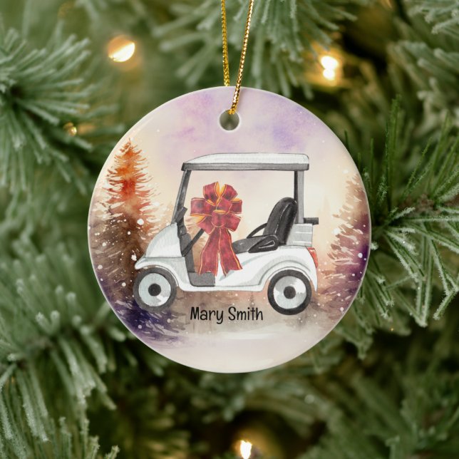 Golf Cart with red ribbon watercolor Ceramic Ornament (Tree)