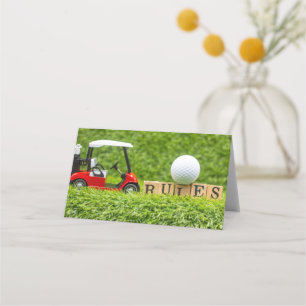 Golf cart with RULES on green grass Place Card