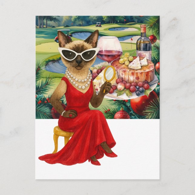 Golf Cat is drinking wine in Golf Course Christmas Holiday Postcard (Front)