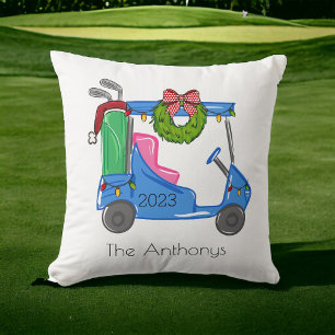 Golf Christmas Blue Golf Cart Personalized Preppy Throw Pillow