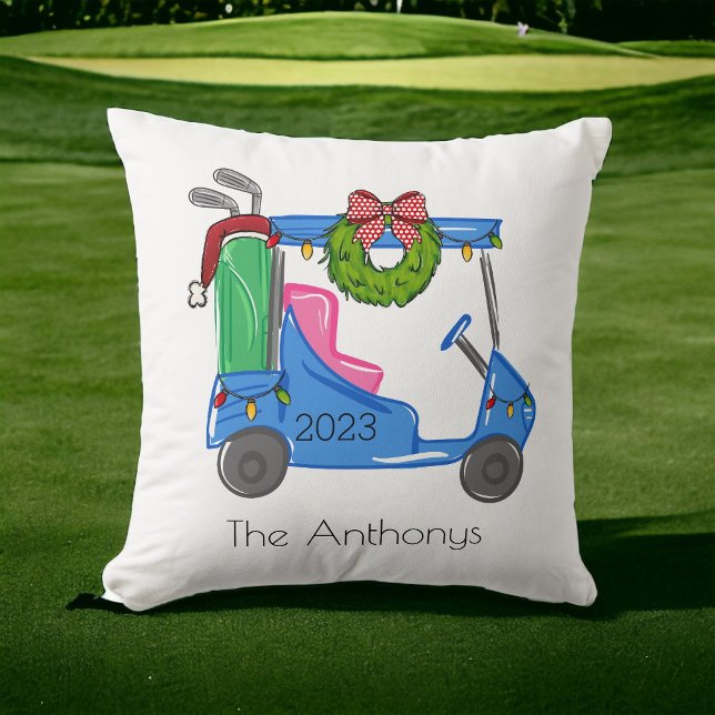 Golf Christmas Blue Golf Cart Personalized Preppy Throw Pillow (Creator Uploaded)