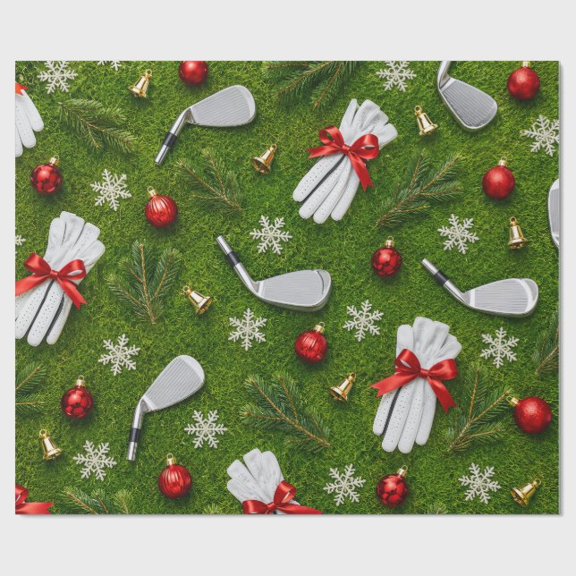 Golf Christmas Equipment Pattern on Green Grass  Wrapping Paper (Flat)