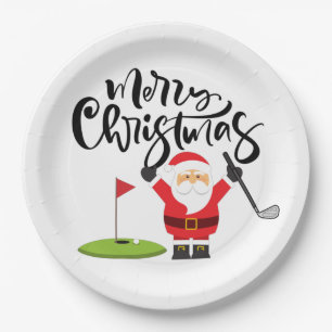 Golf Christmas Gift with Santa Golfer at golf flag Paper Plate