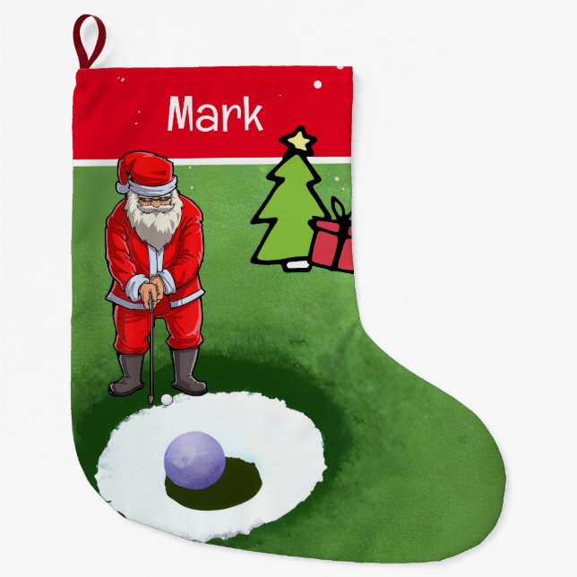 Golf Christmas Gifts with Santa Claus Large Christmas Stocking (Front)
