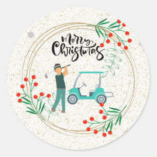 Golf Christmas Gofer and cart with flower wreath Classic Round Sticker