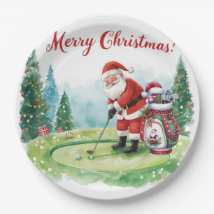 Golf Christmas golfing  Santa Golfer at golf flag Paper Plate