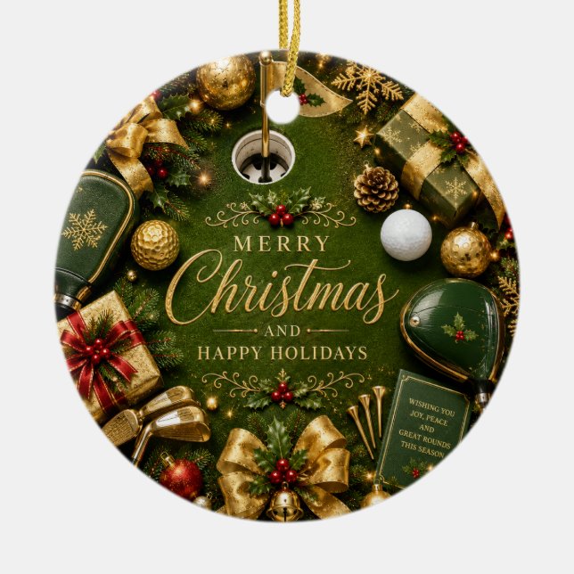 Golf Christmas Holiday Ceramic Ornament (Front)