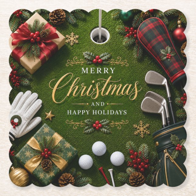Golf Christmas Holiday Paper Coaster (Front)