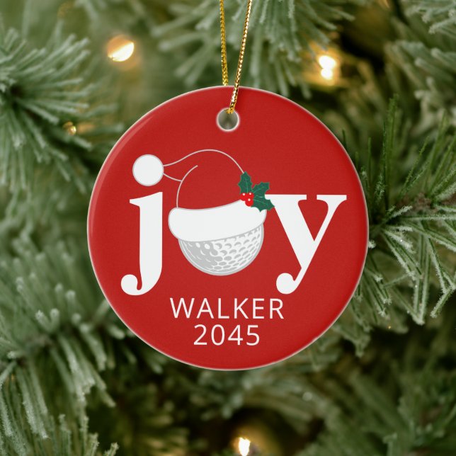 Golf Christmas Joy Personalized Name Modern Red Ceramic Ornament (Tree)