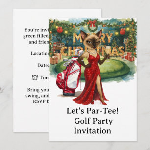 Golf Christmas Party with Cat on putting green Invitation