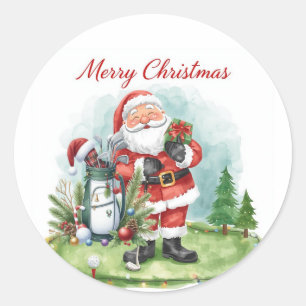 Golf christmas Santa Claus riding golf cart Classic Round Sticker