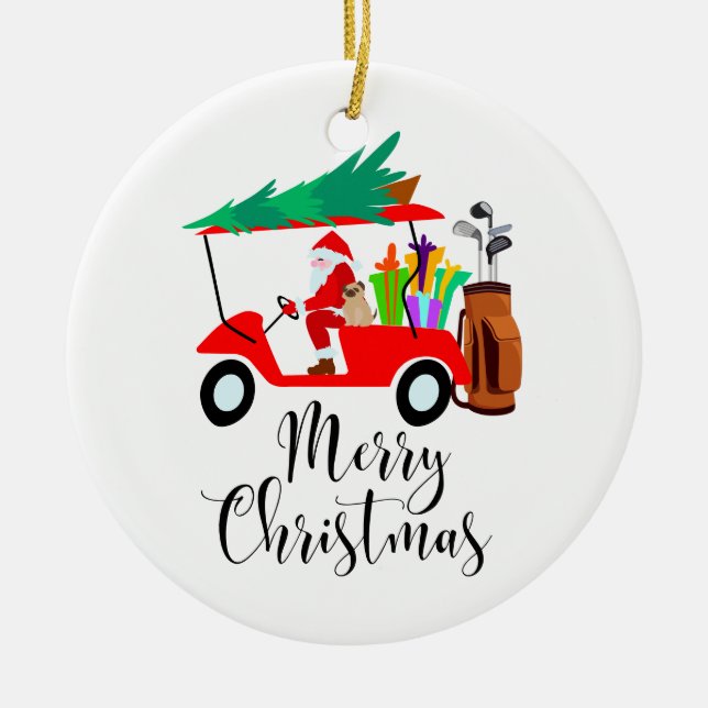 Golf christmas Santa Claus riding golf cart golfer Ceramic Ornament (Front)