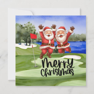 Golf Christmas Santa Claus with flag on green Holiday Card