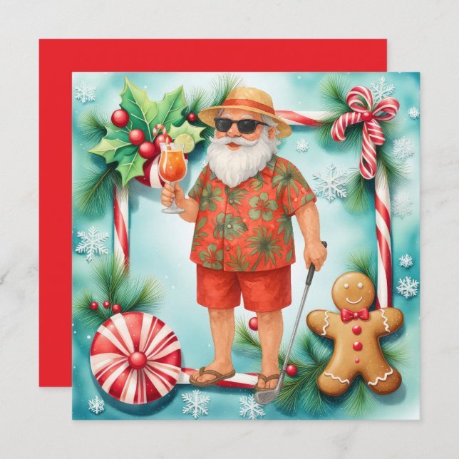 Golf Christmas Santa Golfing Summer time Holiday Card (Front/Back)