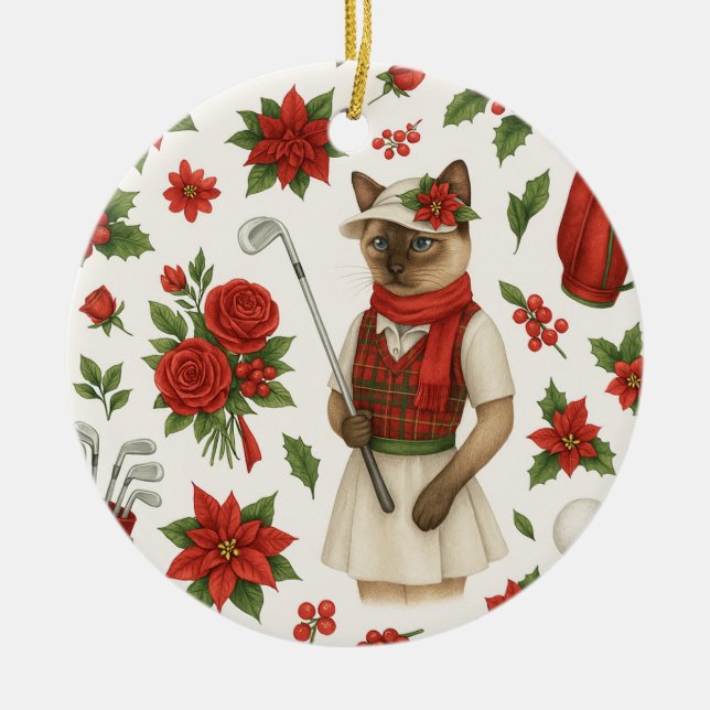 Golf Christmas themed for Cat woman Golfer Ceramic Ornament (Front)