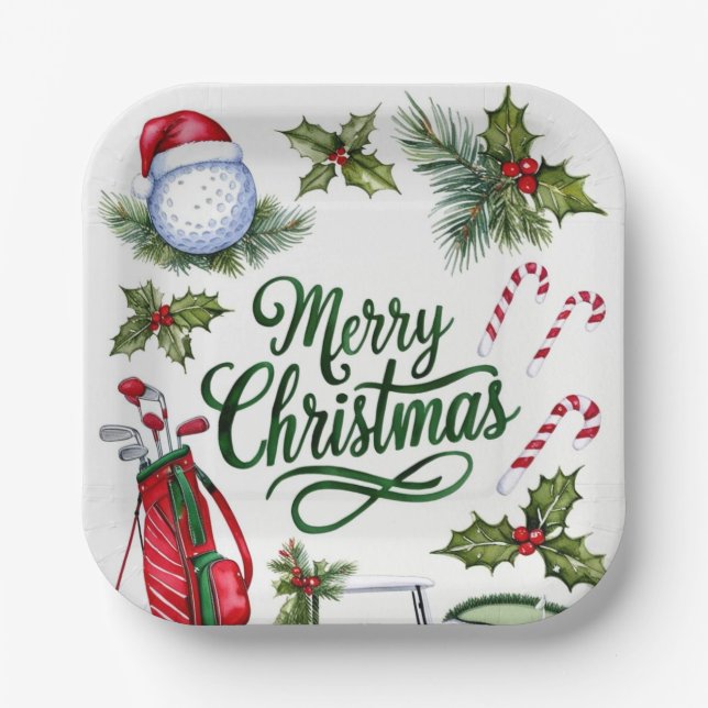 Golf Christmas themed Golfer watercolor Holiday Paper Plate (Front)