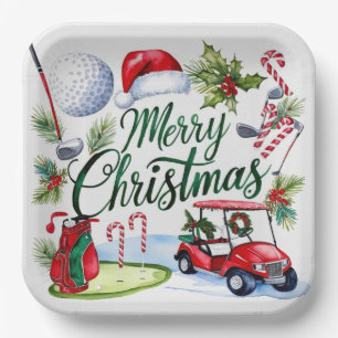 Golf Christmas themed Golfer watercolor Holiday Paper Plate