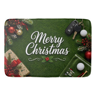 Golf Christmas themed on green grass Bath Mat
