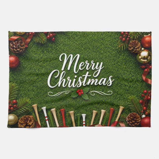 Golf Christmas themed on green grass Kitchen Towel (Horizontal)