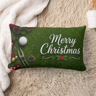 Golf Christmas themed on green grass Lumbar Pillow