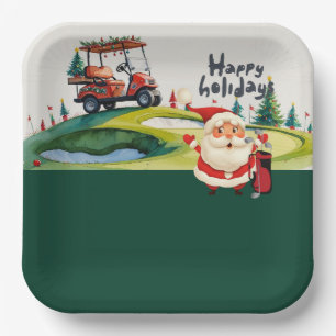 Golf Christmas themed with Santa Claus golfing Paper Plate