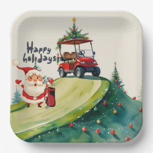 Golf Christmas themed with Santa Claus golfing Paper Plate