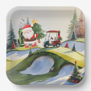 Golf Christmas themed with Santa Claus golfing Paper Plate