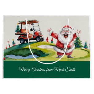 Golf Christmas themed with Santa Claus on course Large Gift Bag