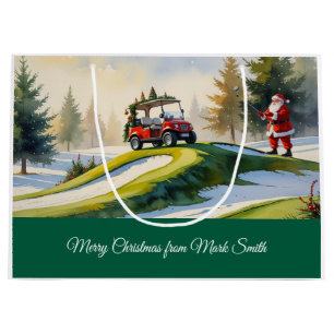 Golf Christmas themed with Santa Claus on course Large Gift Bag