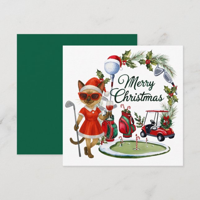 Golf Christmas themed with Siamese Cat Golfer  Holiday Card (Front/Back)