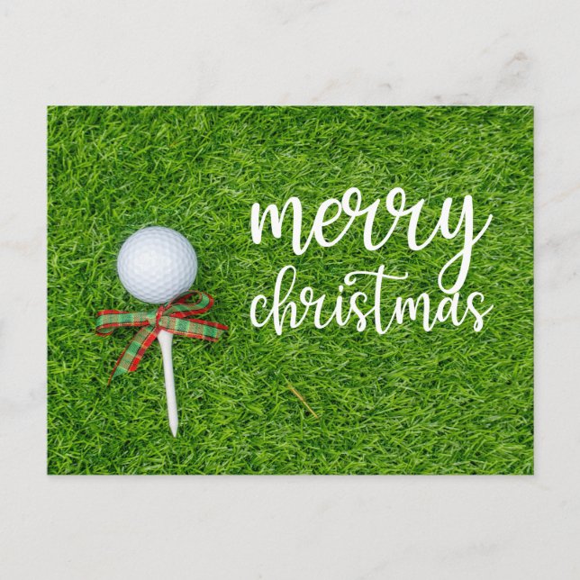 Golf Christmas with golf ball and tee with ribbon  Holiday Postcard (Front)