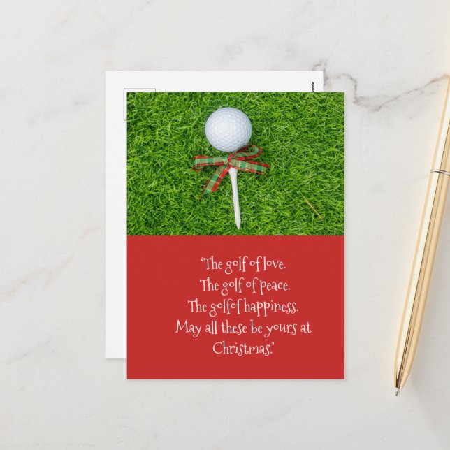 Golf Christmas with golf ball and tee with ribbon Holiday Postcard (Front/Back In Situ)