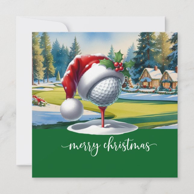 Golf Christmas with golf ball Santa hat Holiday Card (Front)