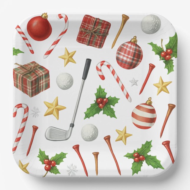 Golf Christmas with golf balls and golf equipment  Paper Plate (Front)
